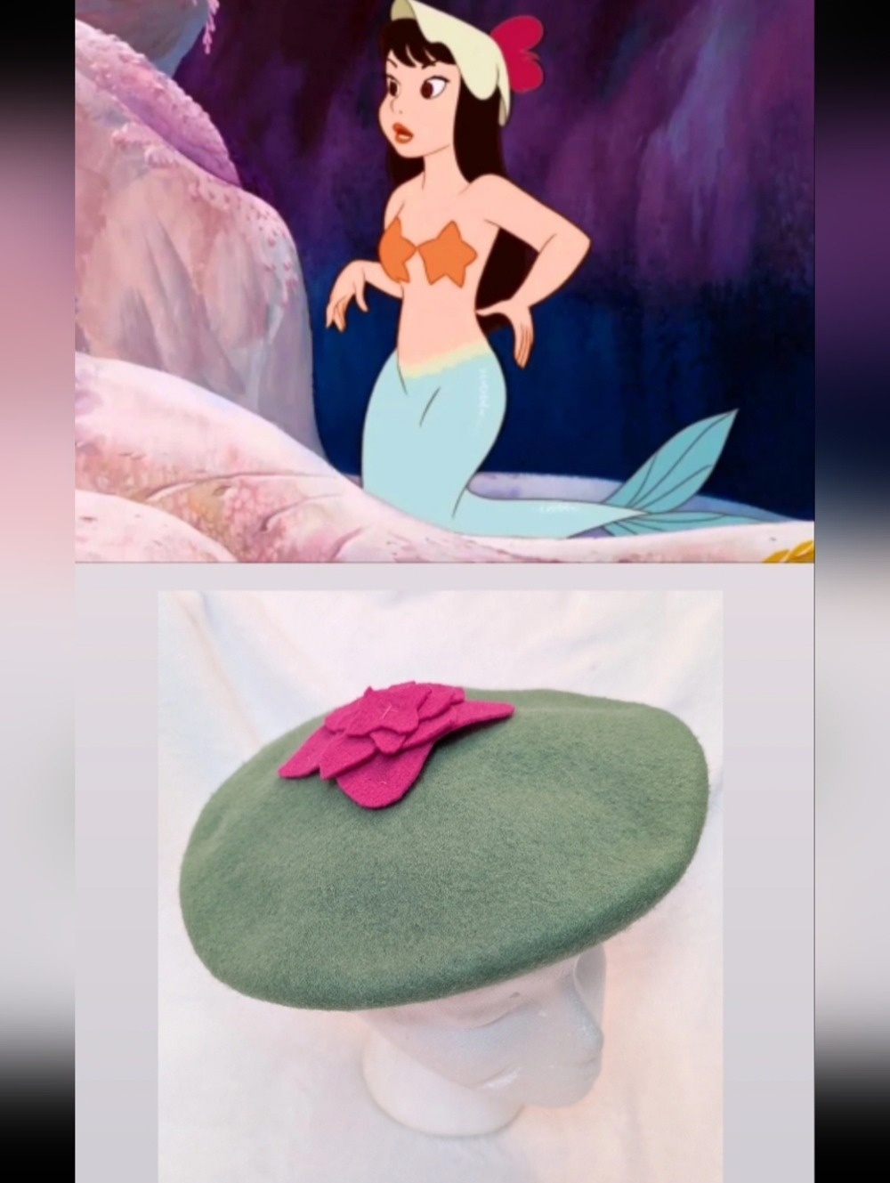 Disney Peter Pan Mermaid Hat Hand made lagoon wool lily pad beret 